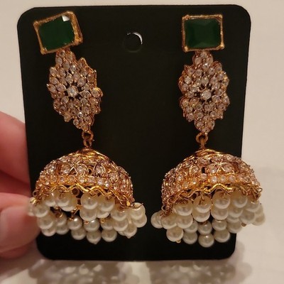 Nafisa Jasmin Accessories Gold Tone Green Dangle Earrings Simulated Pearl