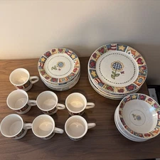 Gibson Designs Patchwork Vintage Dinner Set- Flags, Hearts, Flowers 30 Piece Set