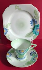 Shelley England Art Deco Eve Shape Blue iris Coffee Cup and Saucer + Side Plate