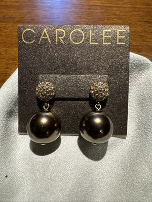 Vintage Carolee Dark Gold Tone Faux Pearl Drop Glam Pavé Sparkle Earrings 1 