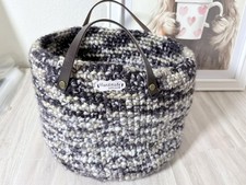 Handmade Crochet Tote Bag with Leather Handles Chunky Knit, Charcoal/Cream
