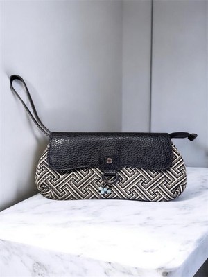 Tommy Hilfiger Black Jacquard Clutch w Faux Leather Flap w Magnetic Snap Closure