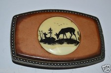 Unique 1970's Metal  Leather Deer Forrest Belt Buckle Great Hunters Gift