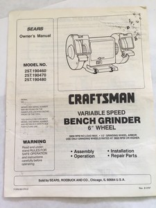 Owner S Manual Sears Craftsman Variable Speed Bench Grinder Model