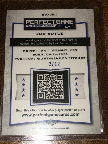 JOE BOYLE 2016 Leaf PERFECT GAME Autograph BLUE STAR WAVE #2/12 RAYS NOTRE DAME - Picture 5 of 5