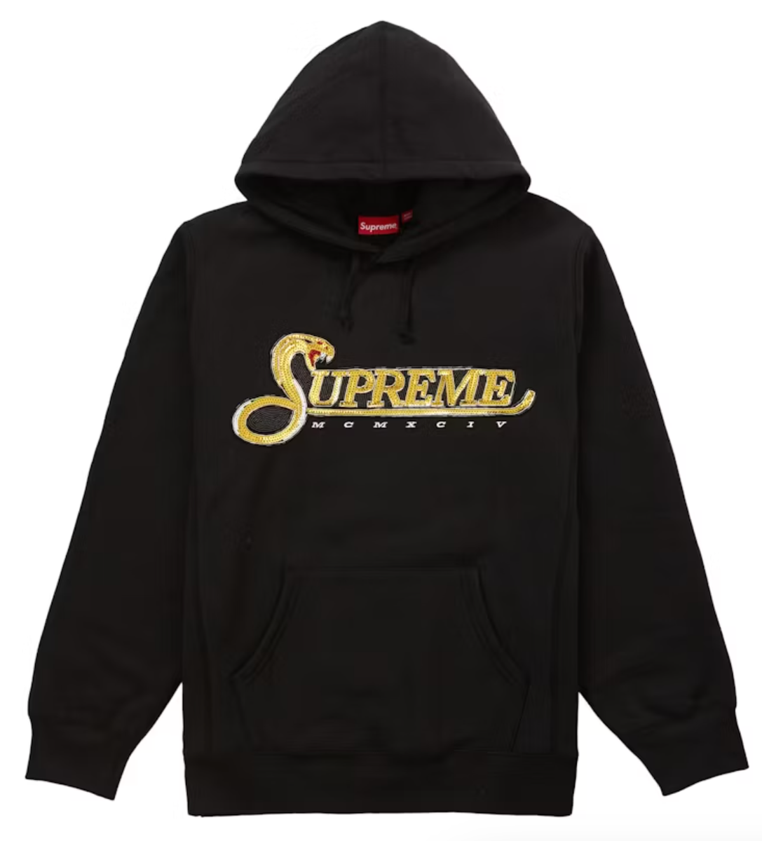 FW19 SUPREME SEQUIN VIPER PULLOVER HOODIE SWEATSHIRT BLACK SZ XL