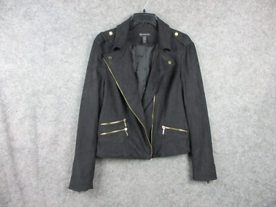 INC Jacket Women Extra Large Black Faux Suede Military Style Lined Golden  Zipper