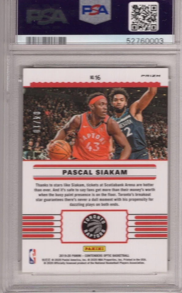 2019-20 Panini Contenders Optic Front Row Seat Gold #16 Pascal Siakam 4/10 PSA 9 - Image 2 of 2