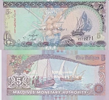 Maldives P18e, 5 Rufiyaa, dhow / fishing boats, 2000, UNC, see UV & w/m images
