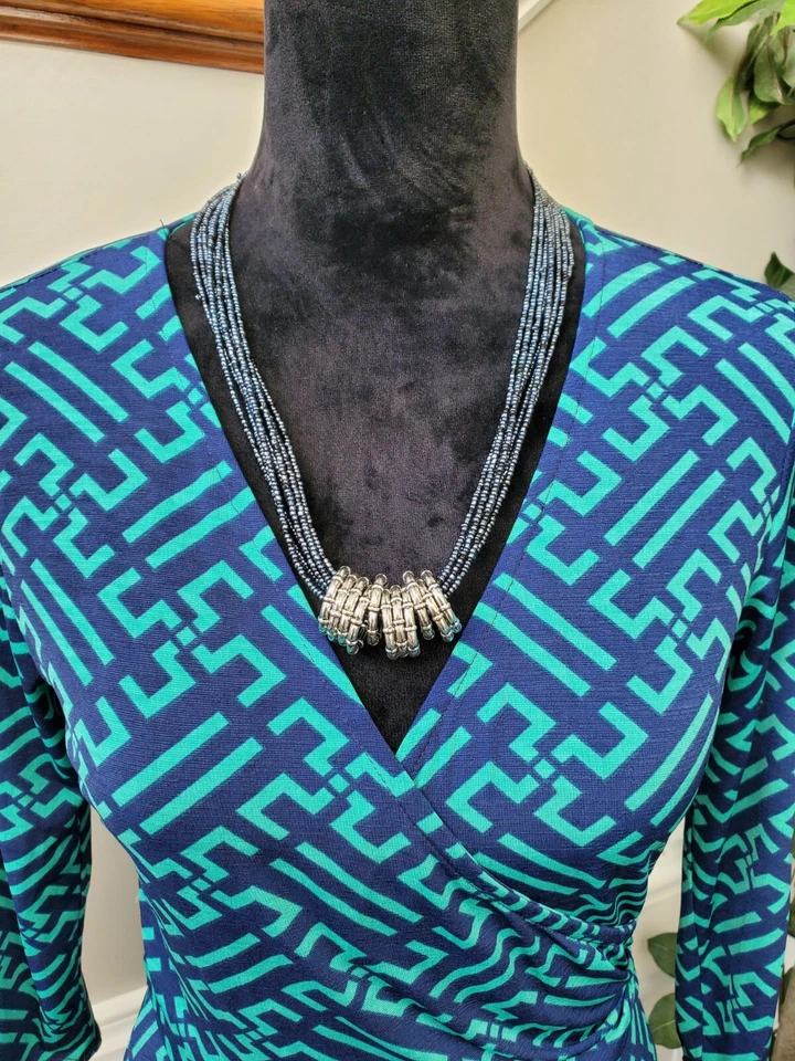 41Боярышник женщин синий вискоза v-образным вырезом длинным рукавом колена платье размер S - Изображение 2 из 4