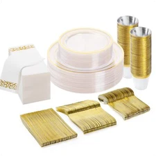 175pcs Clear Gold Disposable Dinnerware Set 25 Guests Plastic Plates For Party