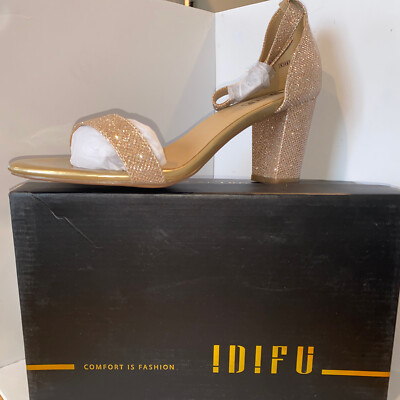 IDIFU Women's Grace High Block Heels Sandals Size Gold Glitter