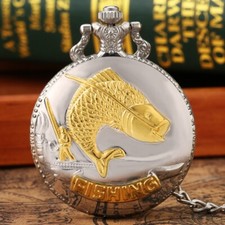 3D Fishing Quartz Pocket Watch Arabic Numerals Dial with Pendant Chain Gifts