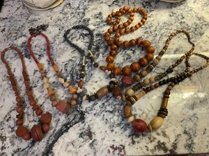 Six Vintage Chunky Wood Look Necklaces