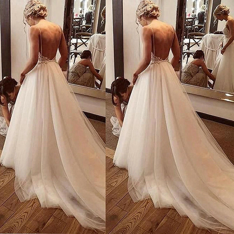 Boho V Neck Beach Wedding Dresses with Pockets Spaghetti Straps Tulle  Backless