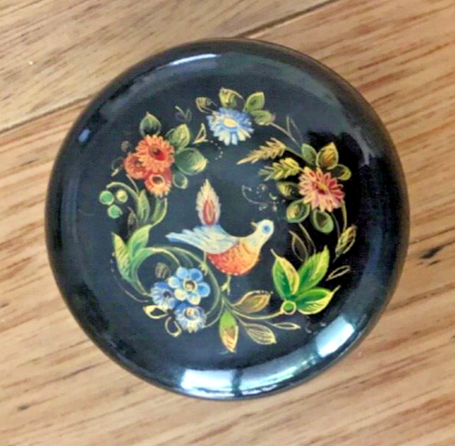 Hand Painted Round Lacquer Box Made in USSR Bird and Flowers