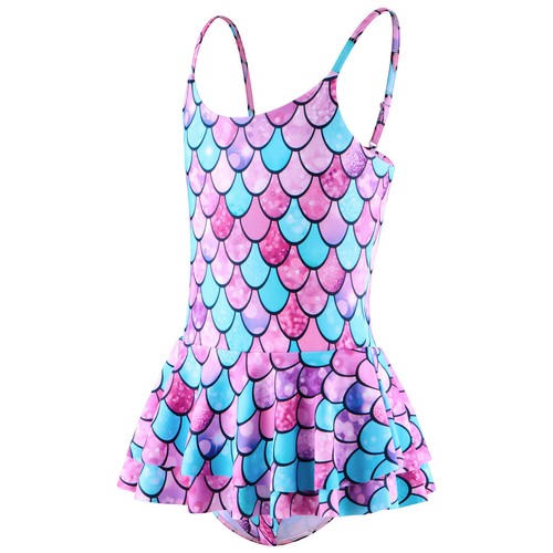 Kids Girls Swimmsuits Fish Scales Print Swimwear Tiered Skirt Bodysuit Mermaid - Picture 18 of 43