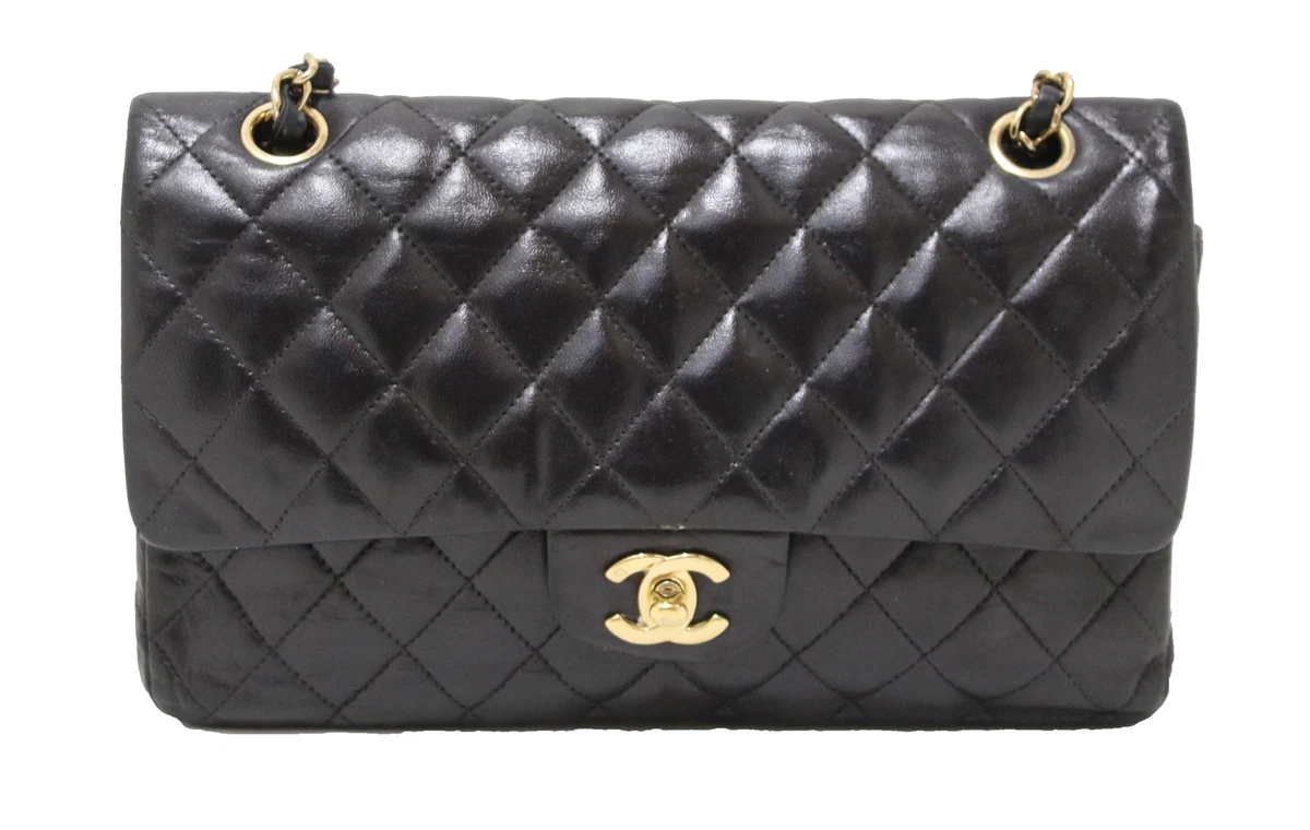 USED Chanel Quilted Black Lambskin Leather Classic Medium Flap Bag AUTHENTIC