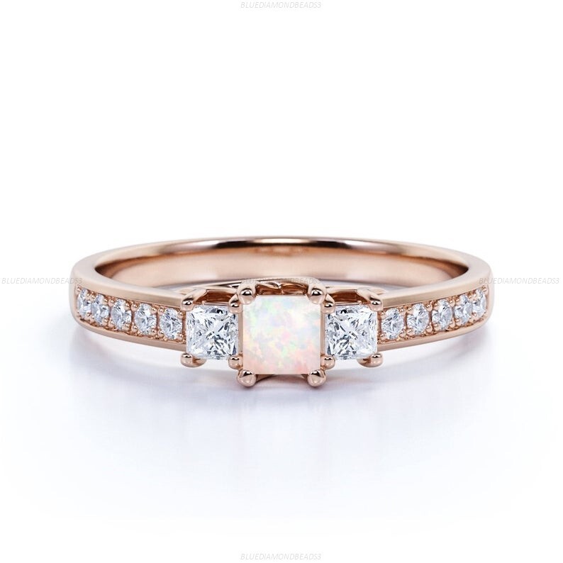 Natural Opalite Diamond Wedding Band Ring 14k Rose Gold Fine Jewelry-image