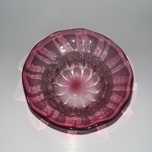 Victorian Cranberry Glass Jelly Bowl with Clear Glass Ribbon Crimped Rim vintage - Picture 2 of 6