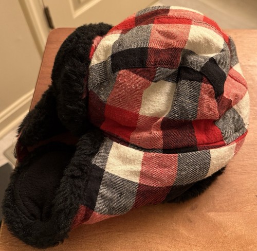 Red/Black/ White Plaid Winter Trapper Hat Faux Fur One Size Fits Most - Picture 3 of 6