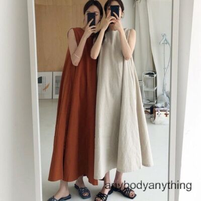 holiday a line dresses Women's Dress Cotton Linen Sleeveless A-Line Dress Summer Beach Sundress DLCORE