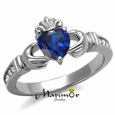 Heart Shape London Blue CZ Stainless Steel Irish Claddagh Ring Women's Size 5-10