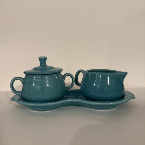 Vtg Fiestaware Turquoise Sugar and Creamer Tray Set Complete with Tray 1988-1992