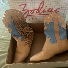 Vintage Zodiac USA Fringe Boots, Tan Leather Denim, 6, Rare 70s Western Boho