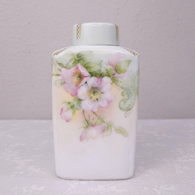 T&V Limoges France Antique Porcelain Vanity Jar Lid Lidded Hand Painted Dogwood