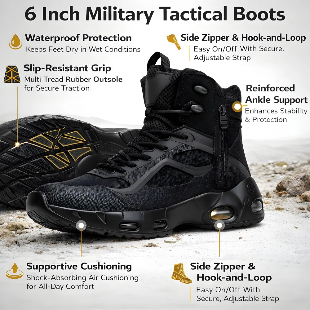 Men Military Tactical Boots Waterproof Side Zip Combat Work Hiking Shoe Non Slip