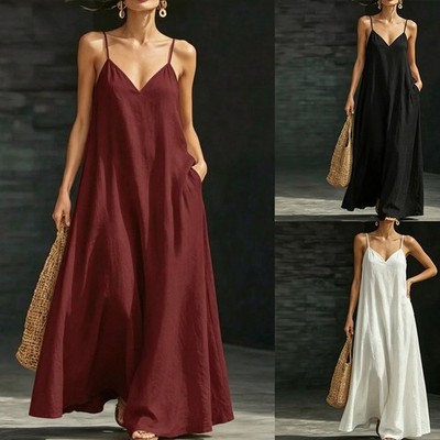 Damen Leinen Style Kleid Einfarbig V-Ausschnitt Spaghettiträger A-Linie Lockere Passform