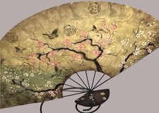 Vintage Asian Fan Hand Painted 21.5 Inches Tr...