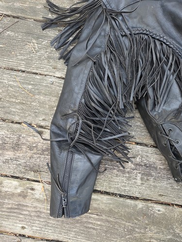 VTG UNIK Black Leather Jacket Womens L Liner motorcycle Tassels Fringe Cowgirl - Picture 7 of 10