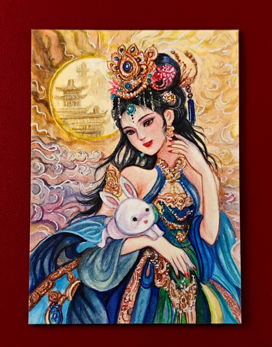 Chang'e Moon Goddess with Jade Rabbit Sketch Card 1/1 Hand-Drawn