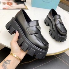 Classic Triangle Logo Casual Women's Loafers Small Leather Shoes Size 35-40