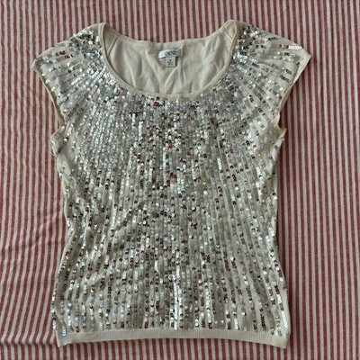 Cache Ivory Sequin Knit Scoop Neck Cap Sleeve Tank Top Size M