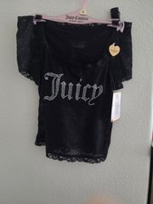 Juicy Couture Women's Black Lace 2-Piece Pajama Set Rhinestone Logo M