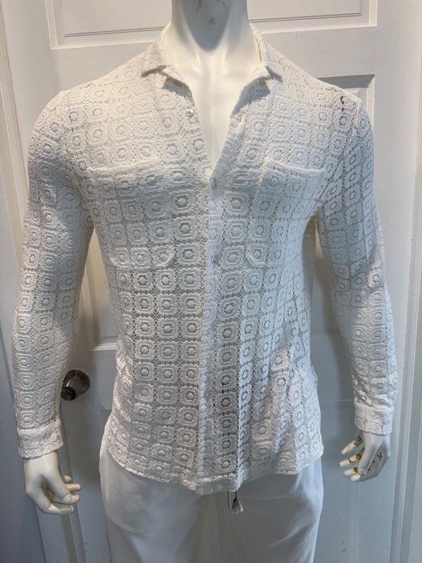 ASOS Design Men's Ivory / Beige Lace Fabric Button-Up Shirt Long Sleeve Sheer L