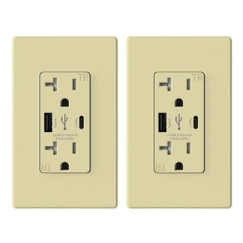 25-Watt 20 Amp Type A & C Dual Charger Tamper Resistant Outlet, Ivory (2-Pack)