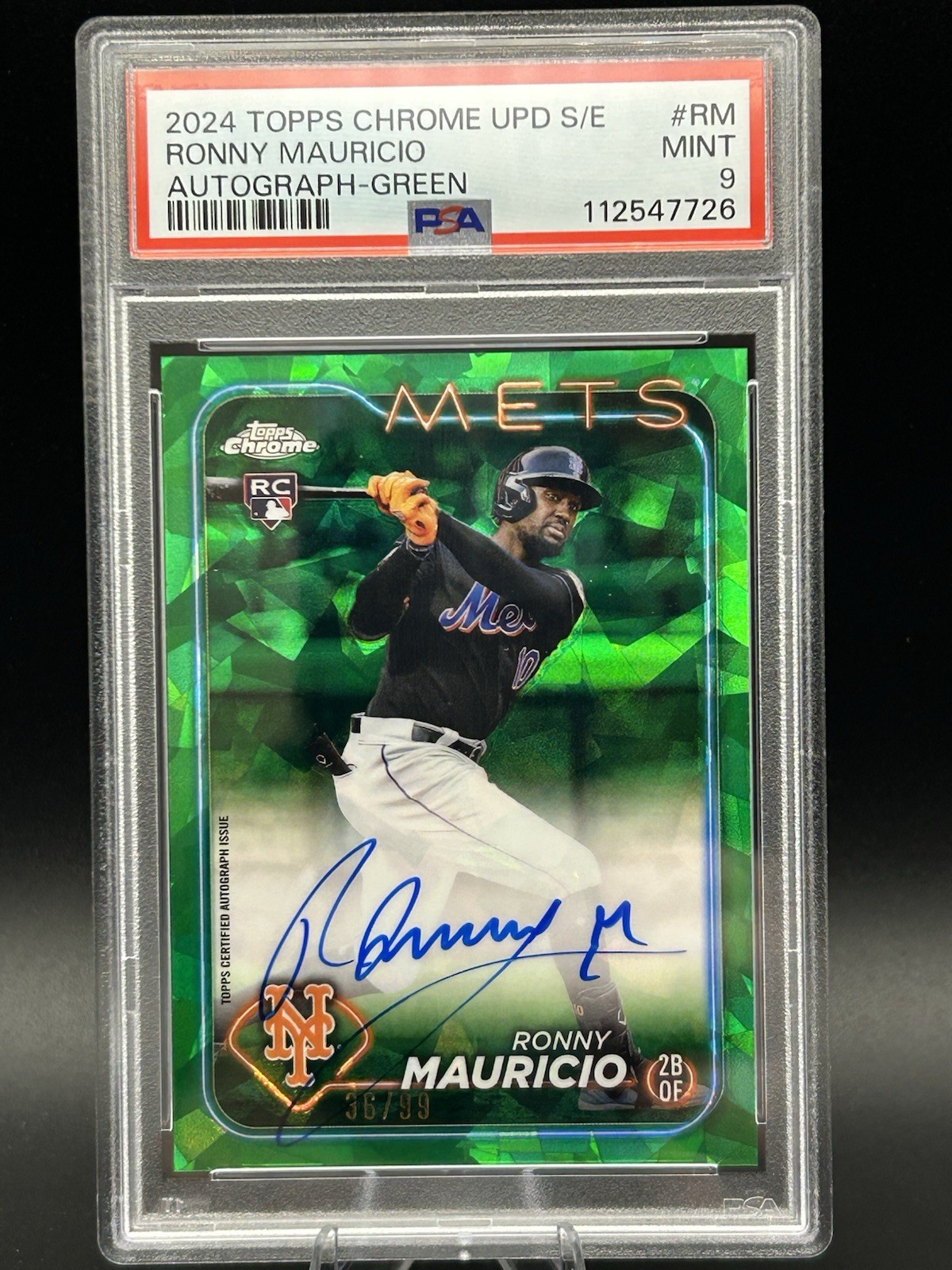 RONNY MAURICIO 2024 TOPPS CHROME SAPPHIRE UPDATE AUTO GREEN RC /99 PSA 9 B418