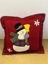 VTG Farm House Winter Snowman Applique Felt Throw Pillow 12" x 12"