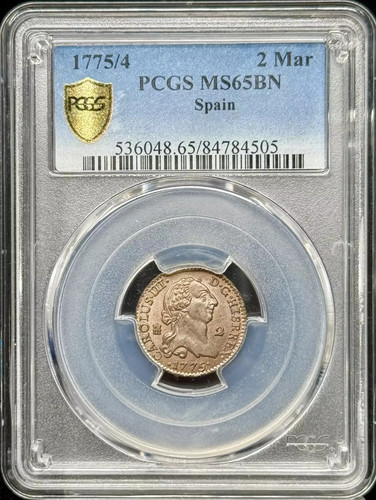 1775/4 Spain Copper 2 MARAVEDIS PCGS MS-65 BN Calico-37 Segovia - Picture 1 of 3
