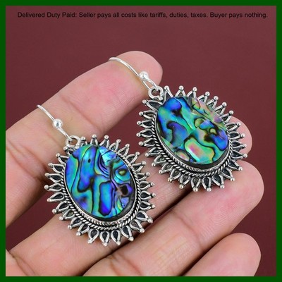 925 Silver Oval Abalone Shell Gemstone Wife Dangle Anniversary Ethnic Earrings