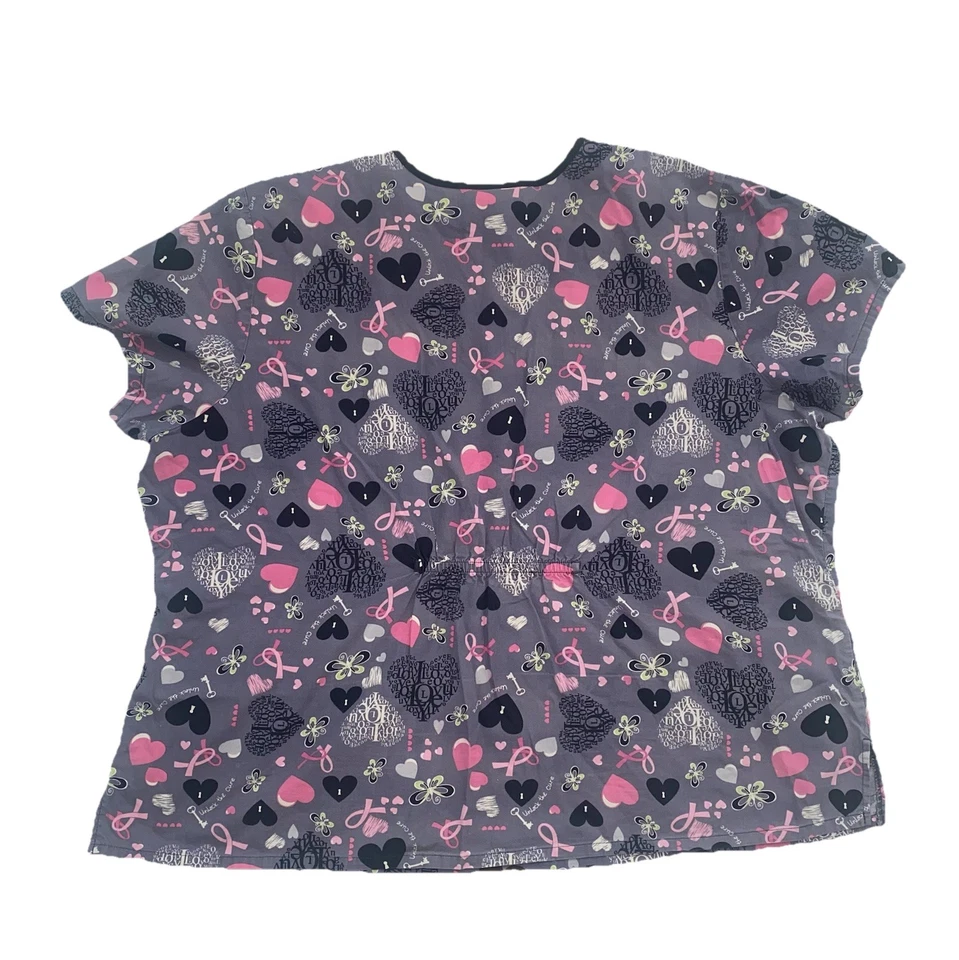 Women’s Unlock The Cure Cancer Scrub Top Plus Size 3XL Black & Pink Hearts - Image 2 of 3