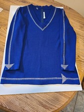 ST JOHN BY MARIE GRAY V-NECK SWEATER, NAVY BLUE, SIZE 6, MADE IN THE USA
