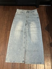 Berlitz Men's Light Wash Wide-Leg Relaxed Denim Jeans Paint Splatter 32