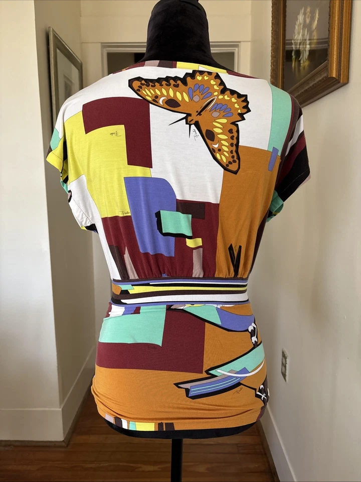 Top para mujer Emilio Pucci vintage pequeño multicolor geométrico manga corta Foto 4 de 4