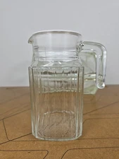 Vintage ARC France Clear Glass Ribbed Refrigerator Pitcher w/Handle 6in Tall
