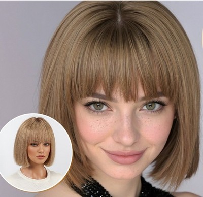 Ombre Ash Blond Straight With with Bangs 100% Human Hair Wig 13x4 Lace Front Wig